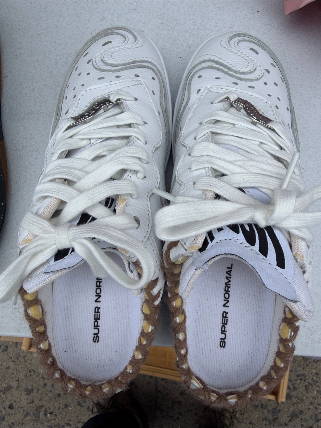 White Leather Sneakers With Beige Woven Trim By Super Normal